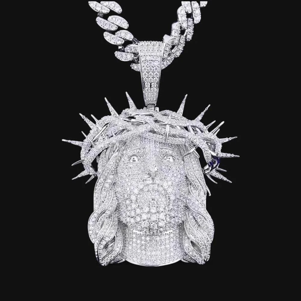 Thorn Crown Jesus Head Pendant, 20 Inch Cuban Chain 9mm link